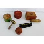 A mixed lot to include a collection of small boxes, tennis dice, wooden mushroom, tape measure etc.,