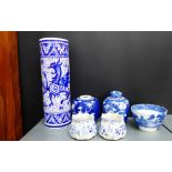 A mixed lot of blue and white wares to include two Chinese prunus pattern ginger jar and covers, one