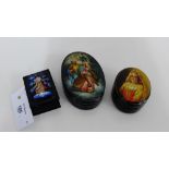 Three Russian lacquer boxes to include an oval Fedoskino box painted with a half length female