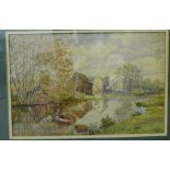 19th Century School Country Landscape with Stream and Fisherman, signed with initials H.N and