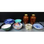 A mixed lot of Chinese and Japanese ceramics and metal wares to include a group of three blue and