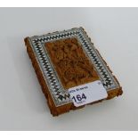 Indian sandalwood card case with carved foliate design and inlaid mosaic frieze, 10 x 18cm