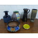 A quantity of mid century ceramics to include an Italian blue glazed vase, a Swedish mottled