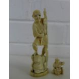 An early 20th century Japanese carved ivory okimono and another smaller, (damages) (2) tallest 15cm