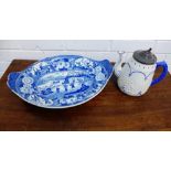 A 19th century oval blue and white ashet, 41 x 30cm, together with a floral moulded white glazed jug