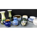 A mixed lot of studio pottery to include a pair of Jersey pottery vases, Buchan pottery and