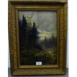 Figures in a Woodland setting Oil-on-canvas, Unsigned in a gilt wood frame, 16" x 20"