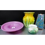 A Rosenthal studio line vase, a Crown Ducal drip ware vase, an art glass bowl on circular foot rim