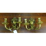 A pair of brass twin branch wall appliques, 15cm long (2)