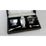 A three piece Epns cased condiment set