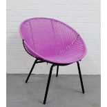 A pink plastic basket weave chair on black hairpin supports, 84 x 71cm
