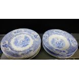 A collection of Scottish pottery blue and white 'Triumphal Car' patterned plates and bowls by J &