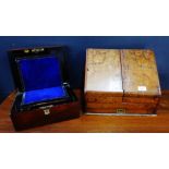 A rosewood workbox, together with a burrwood stationary box (a/f) (2)