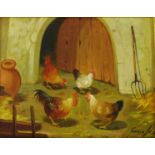 Chickens in a Farmyard Oil-on-canvas, signed indistinctly bottom left, in a giltwood frame, 23 x