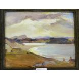 Scottish School Loch Scene with White Stone Cottage Oil-on-canvas board, apparently unsigned, in a