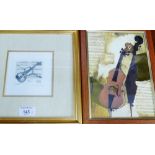 A Violin, gilt framed etching, signed indistinctly, together with a framed print of a violin,
