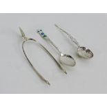 Edinburgh silver wishbone sugar nips, miniature Birmingham silver Anointing spoon and a 925 silver