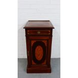 A 19th century mahogany and inlaid bedside cabinet, the square ledgeback top over a single drawer