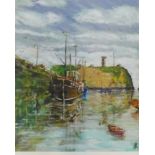 Kenneth R. Jordan Dunbar Harbour Oil-on-board, signed with initials in a glazed silver gilt frame,