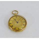 A Ladys 18 carat gold cased fob watch with Roman numerals, blue steel hands and foliate engraved