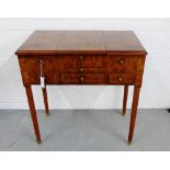 A burr wood and satin inlaid dressing / writing table, with lift up mirror compartment over a pull