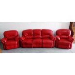 A contemporary red leather lounge suite comprising three seater sofa and pair of armchairs, with