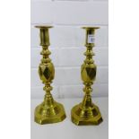 A pair of brass knop stemmed candlesticks, 28cm high (2)