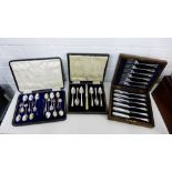 A small collection of silver and Epns souvenir teaspoons, a set of Epns grapefruit spoons and an oak