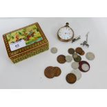 A small Indian wooden box containing a gold plated Waltham pocket watch and a small collection of