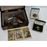 A mahogany and inlaid box containing a collection of vintage and later costume jewellery to