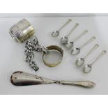 A mixed lot of silver to include a Christening cup, bracelets, dress ring, brooch, teaspoons and