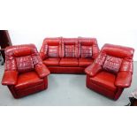 Red leather lounge suite comprising a three seater sofa with pair of armchairs, 90 x 200cm (3)