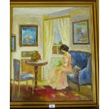 A. Laursen Interior Scene of a Lady sat by window sewing Oil-on-canvas, signed bottom left, in a