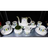 A retro Myott 'Delta' patterned coffee set comprising six cups, six saucers, coffee pot, milk jug