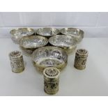 A set of six Eastern white metal bowls, each embossed with figures and landscape pattern, 10cm