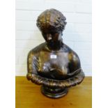 A patinated resin figure of a classical maiden head and shoulder bust on a circular plinth base,