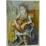 Young girl and basket seated on a chair, Watercolour, signed with initials L.C., in a glazed