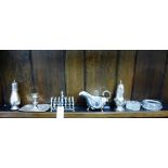 Epns wares to include sauceboat, toast rack, two sugar castor, candlestick and two glass salts, (7)