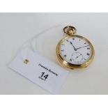 Gold plated open faced pocket watch, with Roman numerals and subsidiary seconds dial