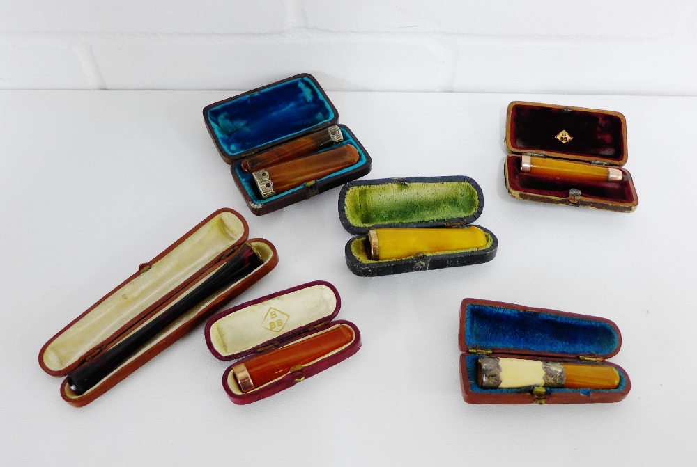 A collection of amber cheroot holders to include two 9 carat gold mounted examples, three silver