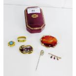 Vintage jewellery to include a cornellian brooch, three stone amethyst brooch, garnet bar brooch,