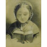 19th century School Pencil and chalk head and shoulders portrait of a girl reading a book, signed