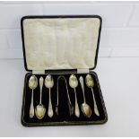 A set of Victorian Scottish silver teaspoons, in fitted case complete with matching sugar tongs,