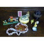 A mixed lot to include a brass inkwell, Epns purse, small silver photo frame, French pottery dish