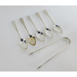 A set of five Georgian silver bright cut teaspoons with matching sugar tongs (6)