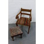 A mahogany framed open armchair together with a footstool, 82 x 51cm (2)