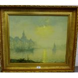 Unknown Artist Riverside Scene at Sunset Oil-on-Canvas, signed indistinctly bottom left, in an