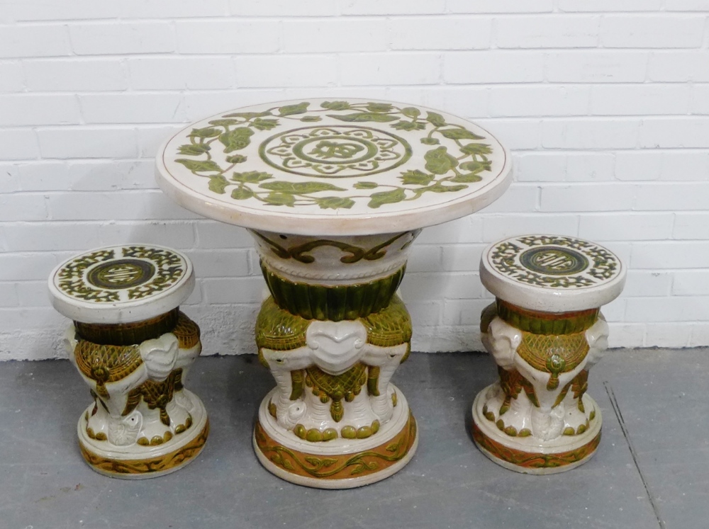 A white glazed pottery 'Elephant' garden table and chair set (3) 66 x 66cm