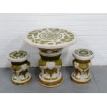 A white glazed pottery 'Elephant' garden table and chair set (3) 66 x 66cm