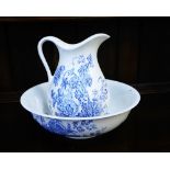 A blue and white Staffordshire Charlotte patterned basin and ewer (2)